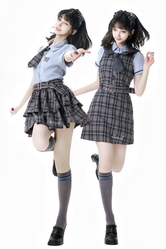 + カレッジショートサスペンダードレス、Bシャツスカート