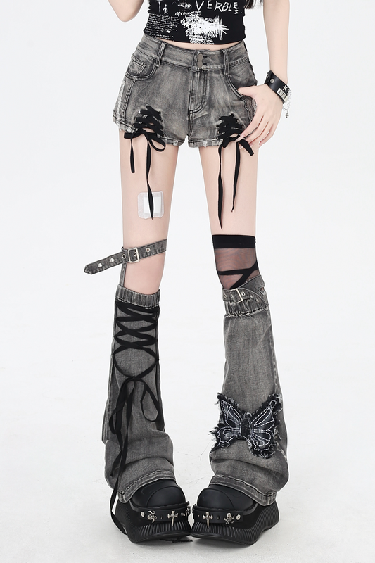 ショートパンツ カラーリボン デニム レースアップ