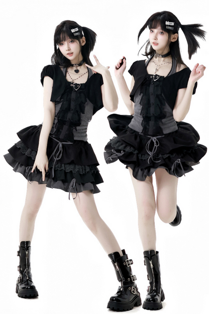 short neck cardigan lace top halter skirt + Vintage