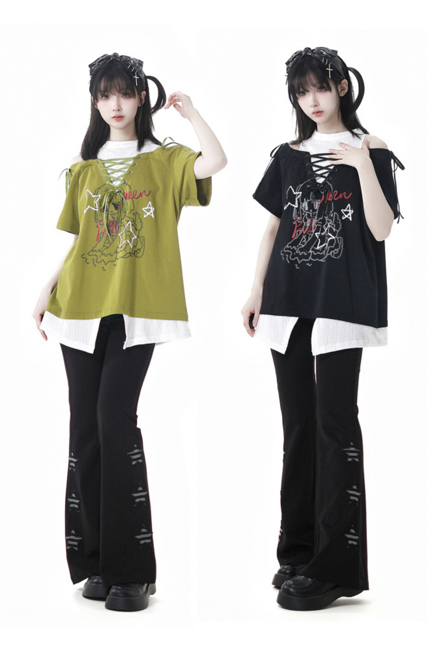 トップパンツイラスト + ガールサブカルチャーレースアップフレア