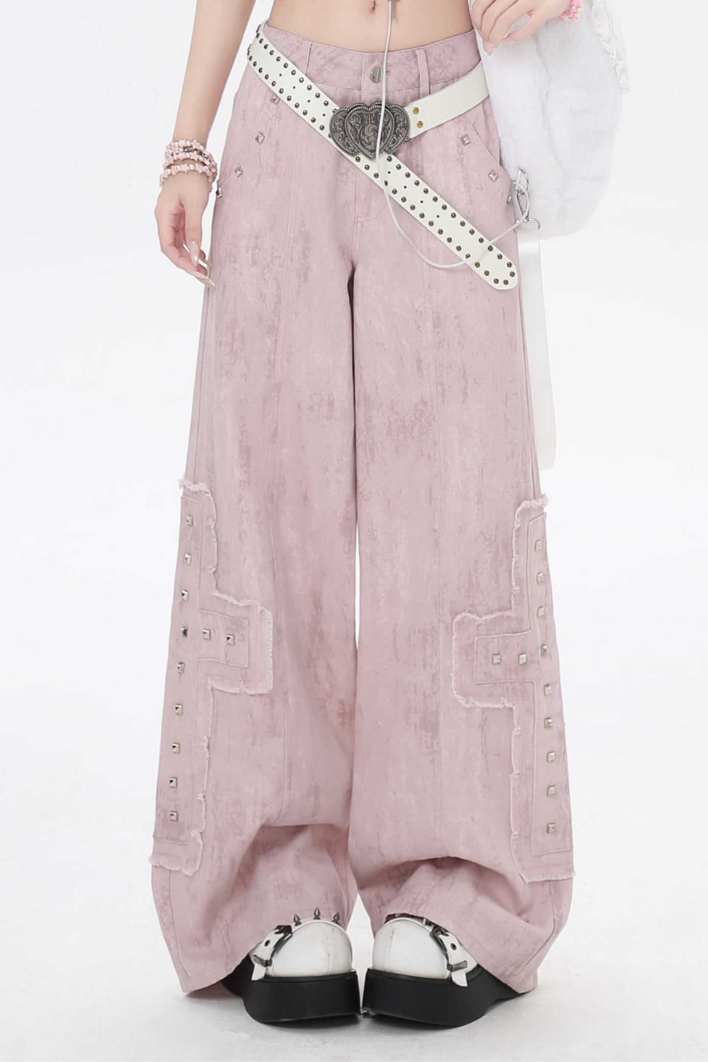 レッグハイワークウエストデニムピンクパンツストレート