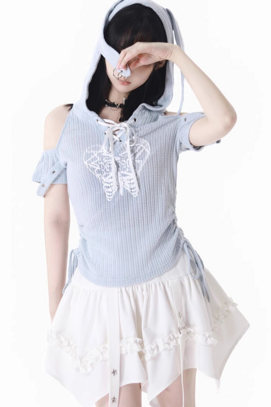 トップスカート + オフショルダーのウサギのフード付きケーキ