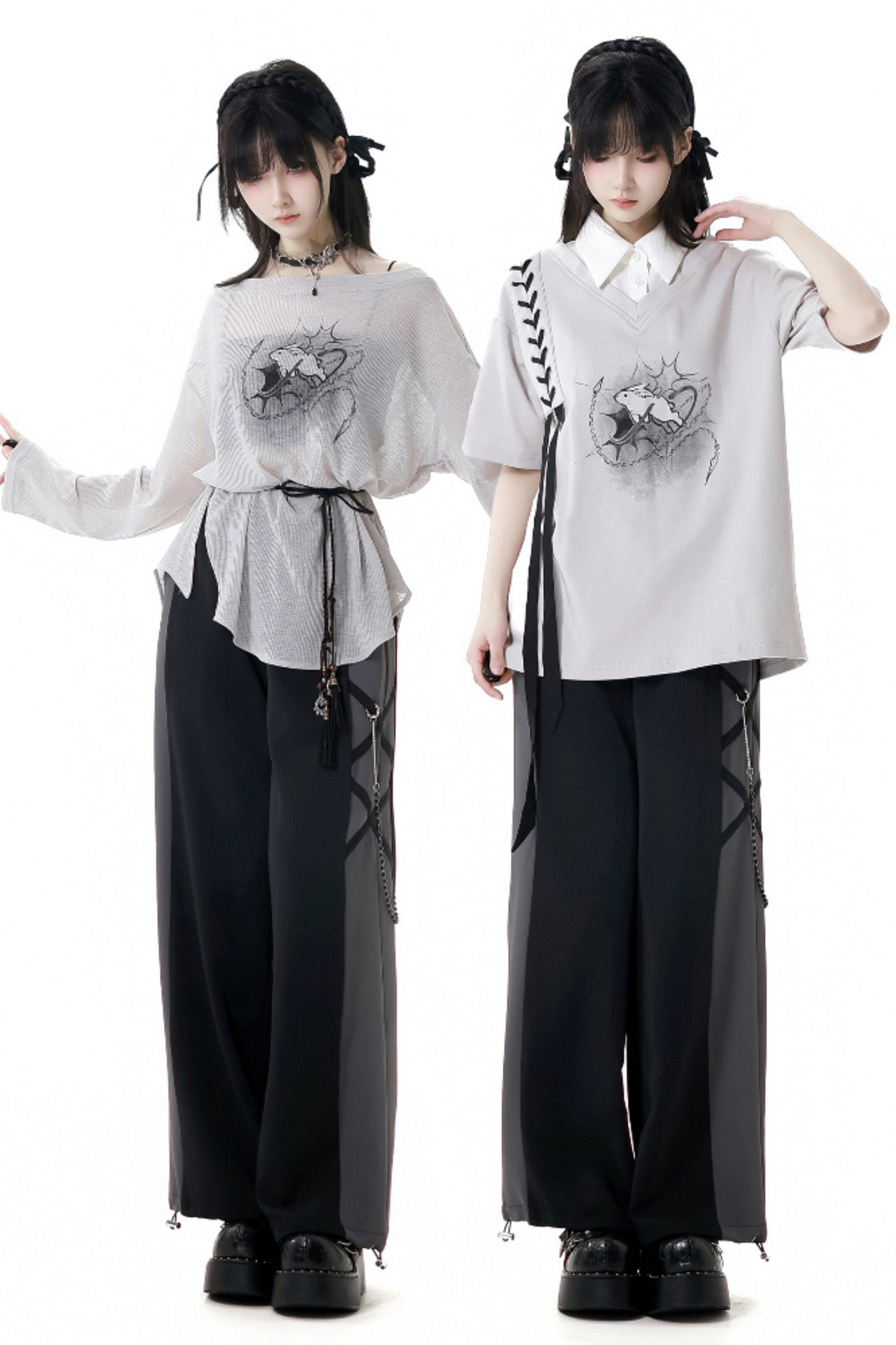 モードなトップスTシャツパンツワイド+デザインレースアップウエスト