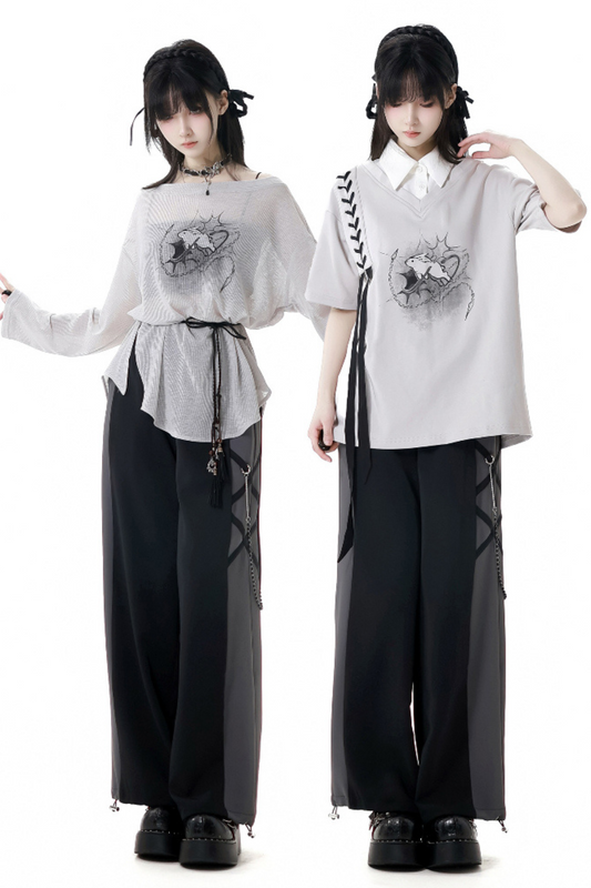 モードなトップスTシャツパンツワイド+デザインレースアップウエスト