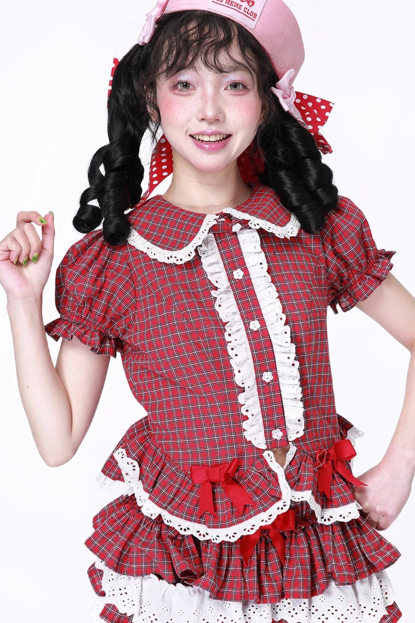 レトロトップスリーブチェックパフ