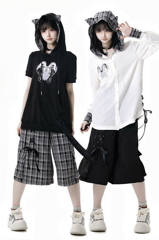 + ハーフチェックフード付きトップスパンツシャツ