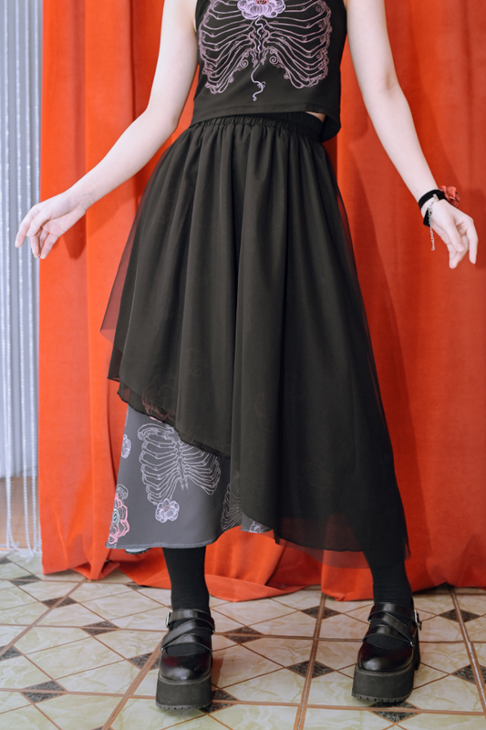 デザインアシンメトリーフローラルメッシュレイヤースカート