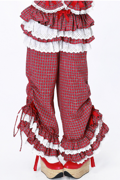 Lange Spitzenhose Retro Rüschen Karo