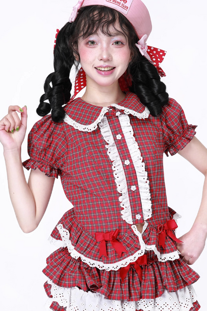 トップススリーブチェックパフレトロ