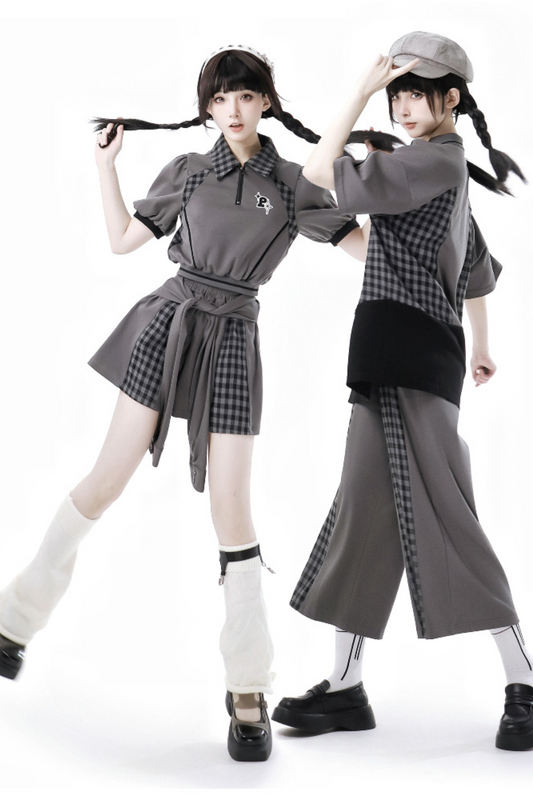 モードトップス チェックパンツ スカート カジュアル ワイド +