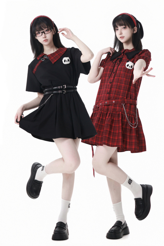 クロップラブプリーツ+スカートチェックパンダドレスコミックトップ