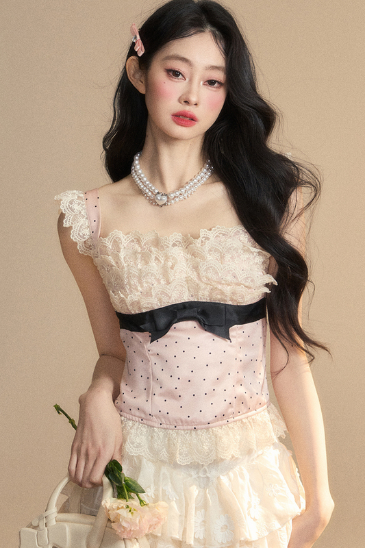 予約 トップス タイト ノースリーブ レース ドット ガーリー
