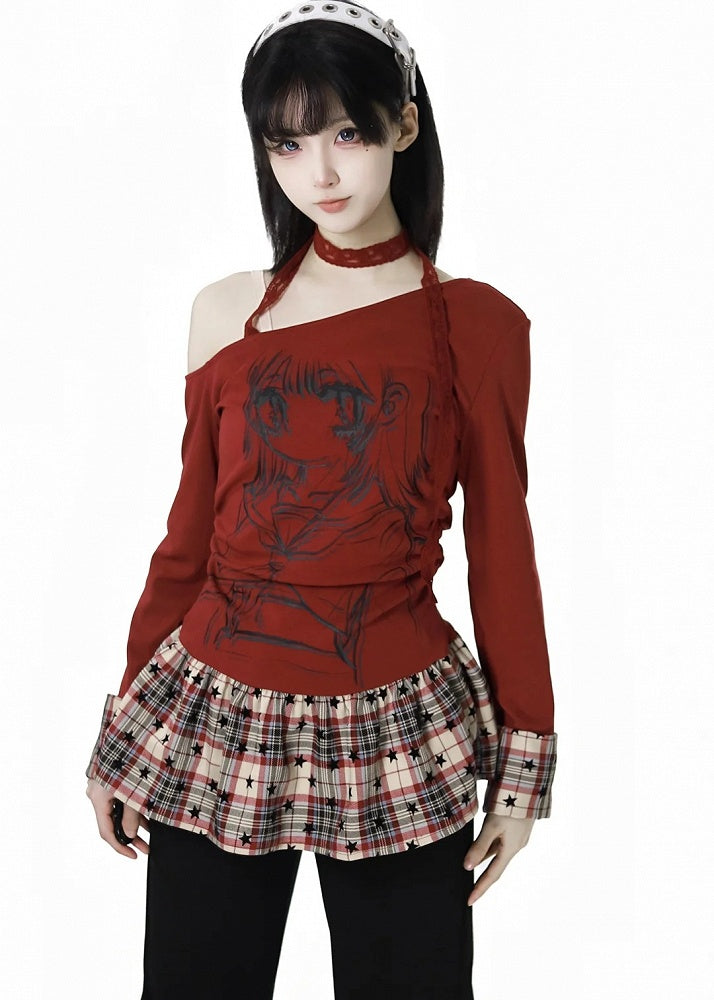 Asymmetrical Neckline Anime Girl Print Plaid Patchwork White/Red Design Top