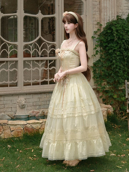 Yellow Sleeveless Lace Top with Floral Belt and Skirt - Penny House