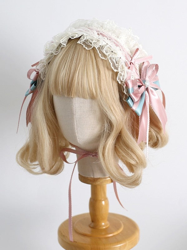 Hairband Sweet PinkBlue Decorated Beaded Clips With Ruffled Lolita Bowknot Details