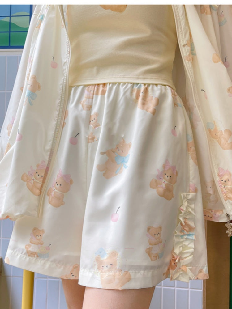 Shorts Hellgelb Elastische Taille Niedlicher Bärendruck Lässig