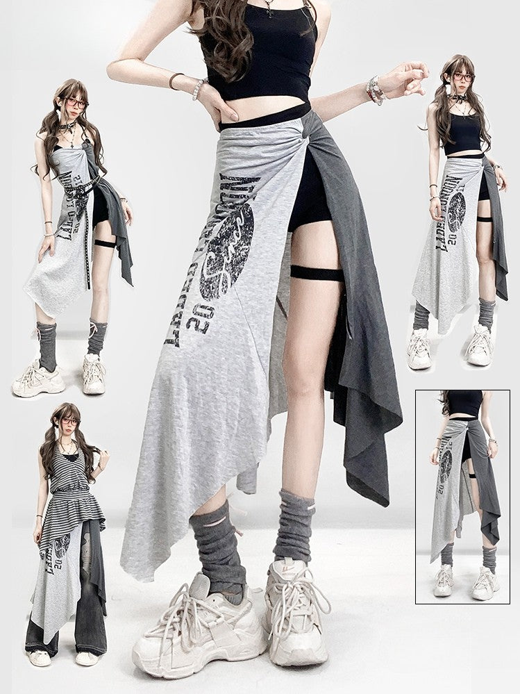 Shorts Saum Schwarz Schlitz Mit Buchstaben Asymmetrische Seite Rock Grau Druck Glamorous