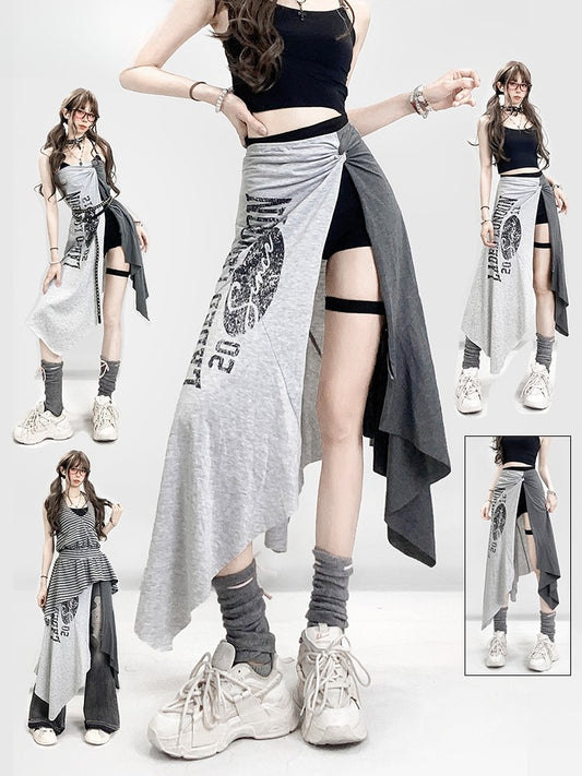 Shorts Saum Schwarz Schlitz Mit Buchstaben Asymmetrische Seite Rock Grau Druck Glamorous