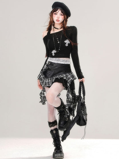 Grey Asymmetrical Neckline Top with Lace Cross Appliques Tank Top Set