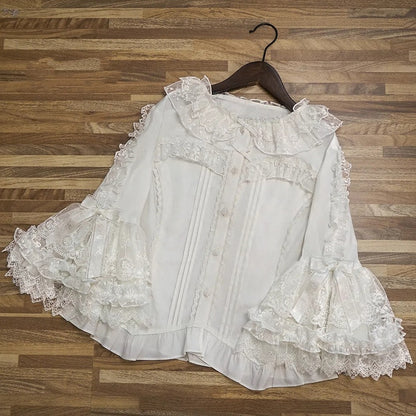 ブラウス ホワイトネックライン 3/4フリルロリータスリーブ