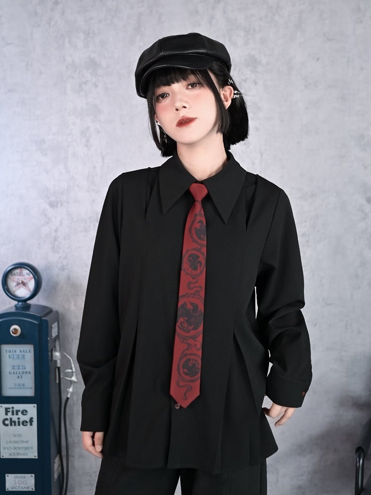 Shirt Long-Sleeve Gothic Contrast Placket Tie Pre-Tied Button Red with Black Cheongsam
