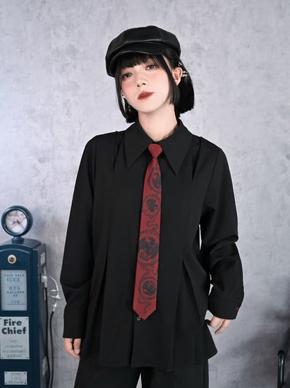Shirt Long-Sleeve Gothic Contrast Placket Tie Pre-Tied Button Red with Black Cheongsam