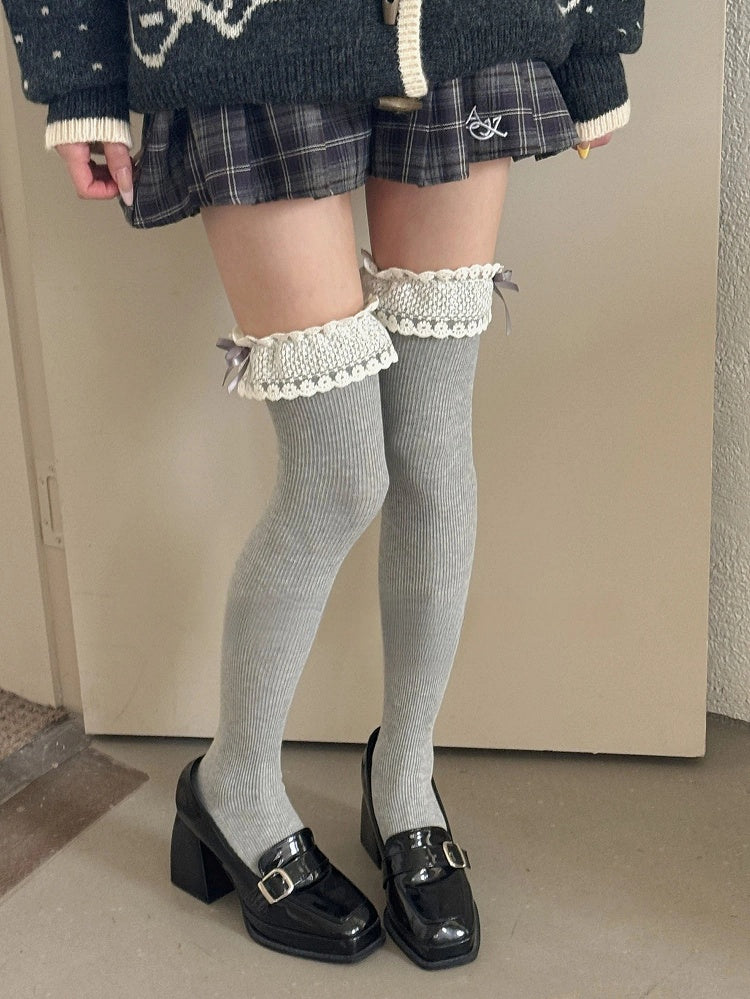 Over-the-Knee with Lace Cuffs Ruffle Stockings Ribbed