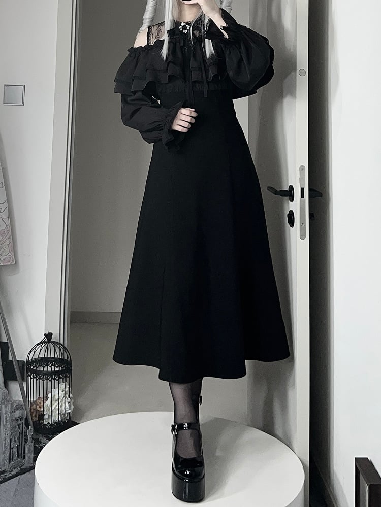 Off-Shoulder Illusion Elegancewith Black Ruffles Ladylike Dress:Dark Kei Tiered Jirai
