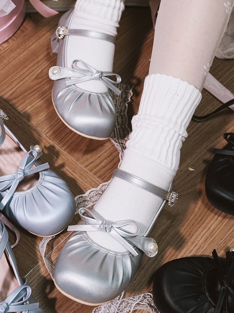 Top Buckle Knotted Mary Sweet Round Heart Rhinestone at Bow Toe - Silver Janes