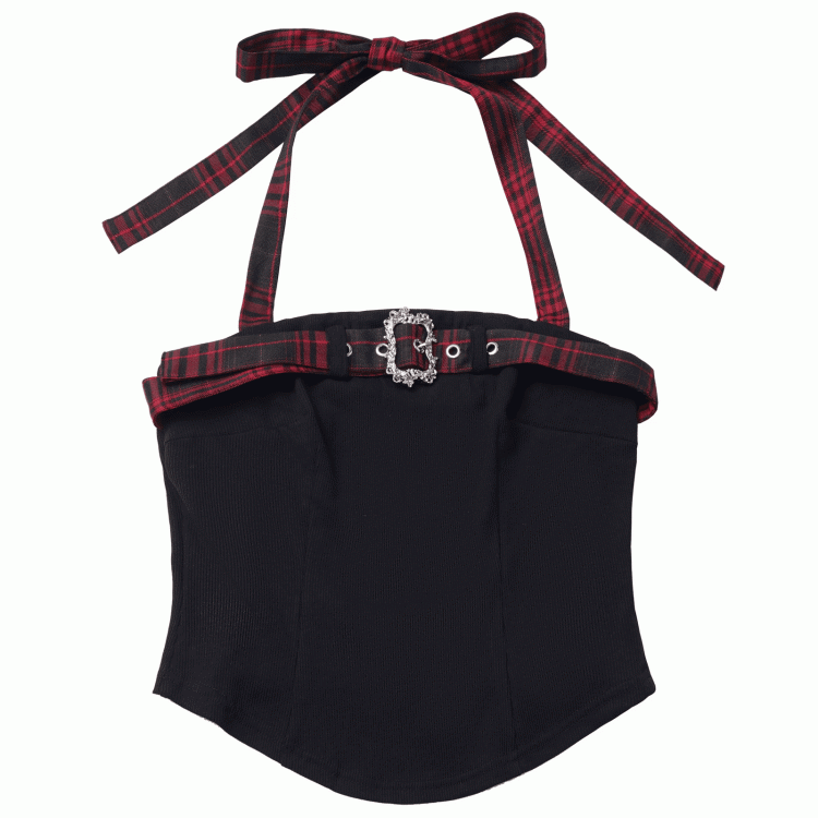 Plaid Adjustable Idol with Red/Black Top Black Panel Cami Y2K - Buckle Self-Tie Halter
