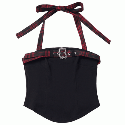 Plaid Adjustable Idol with Red/Black Top Black Panel Cami Y2K - Buckle Self-Tie Halter