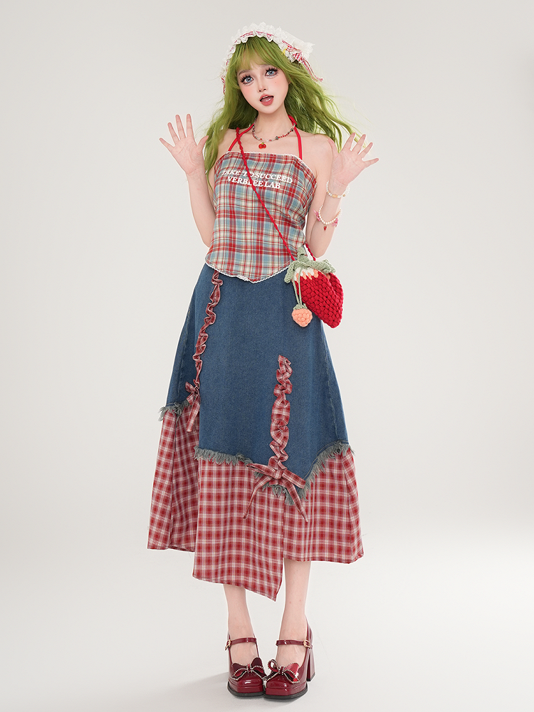 Denim Mit Patchwork Kleid Blaue Träger Rot Marine Selbstbinden Plaid Und