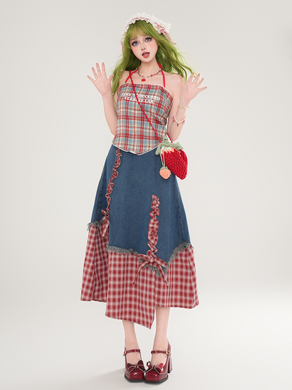 Denim Mit Patchwork Kleid Blaue Träger Rot Marine Selbstbinden Plaid Und