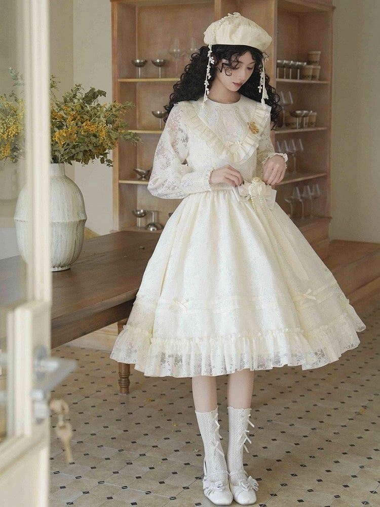 Beige Elegante Ärmel Klassische Frühling Lolita Kleid Stickerei Semi-transparent Harfe Lange