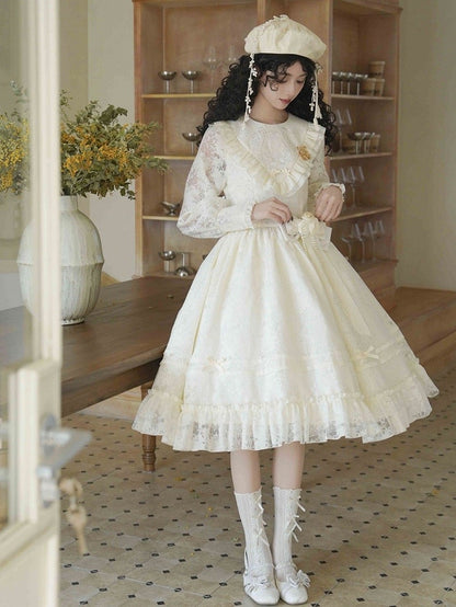 Beige Elegante Ärmel Klassische Frühling Lolita Kleid Stickerei Semi-transparent Harfe Lange