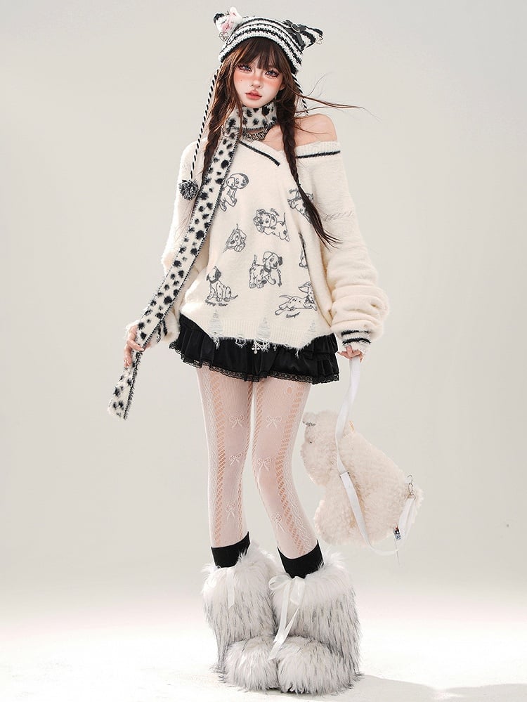 Grauer, lockerer Pullover mit V-Ausschnitt und kostenlosem Schal