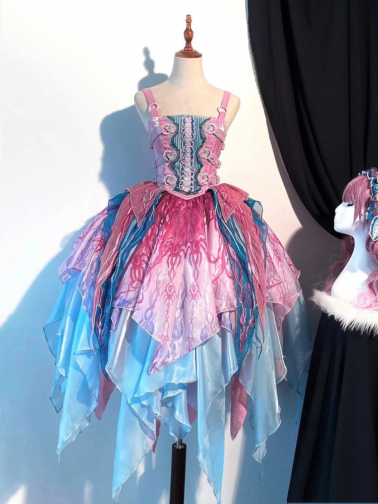 Embroidery Pink Bodice Print Biochemical Ribs Layered Handkerchief Lolita Spider Hem Dress