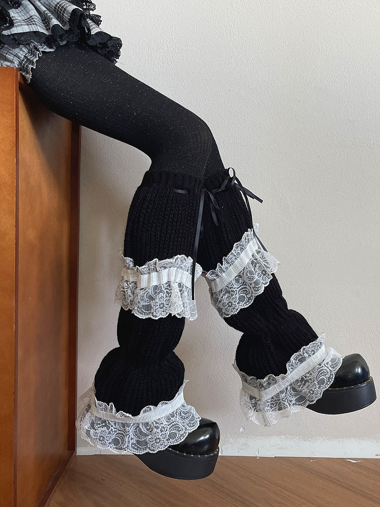 with Bowknot Ruffle Trim Warmers White Black Leg