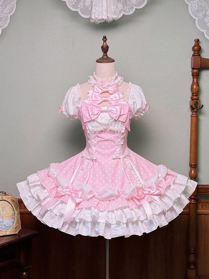 Sleeves Polka and Pink Old with Dress Lolita Accents Bow Neck Halter Dot Puff School