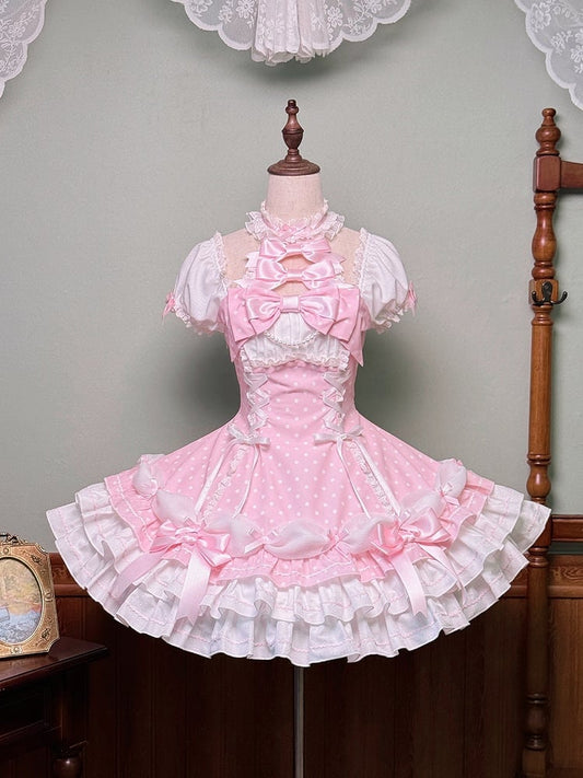 Sleeves Polka and Pink Old with Dress Lolita Accents Bow Neck Halter Dot Puff School