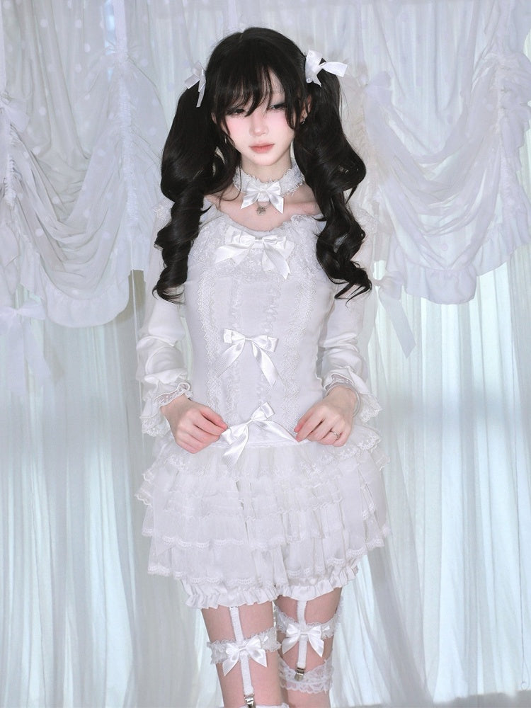 Long-Sleeved White Lace Bow-Embellished Blouse with Coordinating Choker - HBreaker