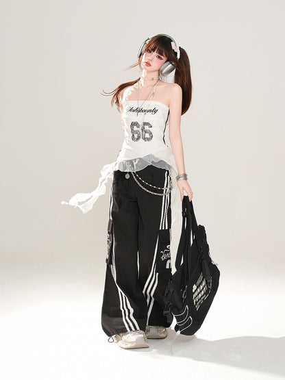 Asymmetrischer Saum Glamorous Mesh Print Schwarz/Weiß Trägerloses Top Nummer