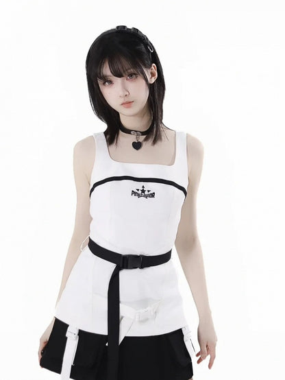 with Neck Techwear Tank Top Wasteland Snap White Square Belt Punk