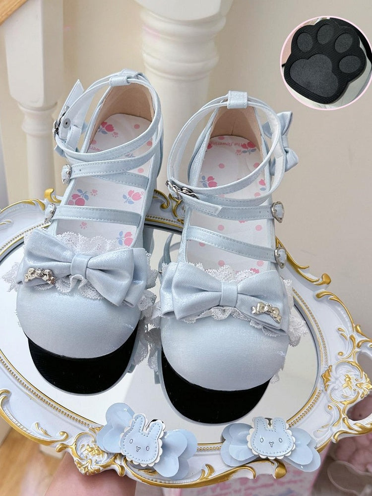 Mary Round - Toe Lolita Sweet with Bow Satin Blue Janes Details