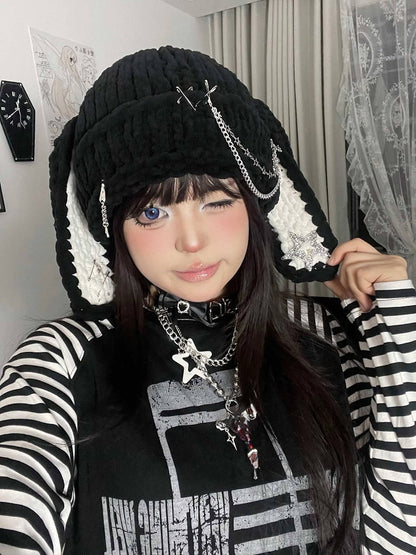 Style with Winter Pin Cute Details Hat Bunny Beanie Punk Black Warm Chain - Ear