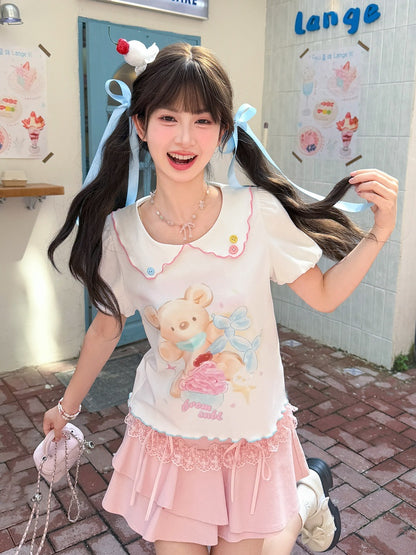 漫画のクマのプリント裾ホワイトピーターパンカラーパフスリーブコントラストレタスTシャツ