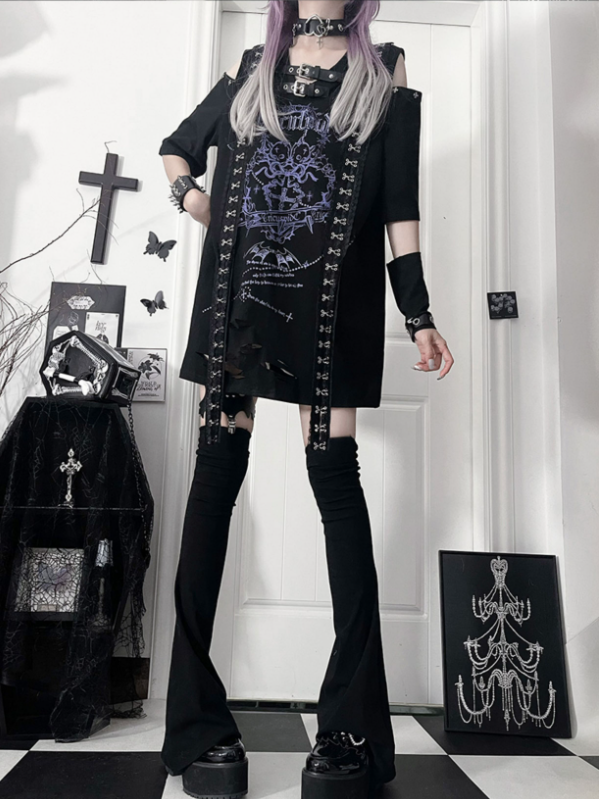 Cross Short Straps with Sleeve Drop Print Black Lace Shoudler Gothic Trimmed Blue T-shirt