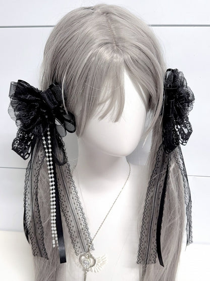 Bowknot with Charm White/Black Design Floral Beaded Hairclip/Brooch