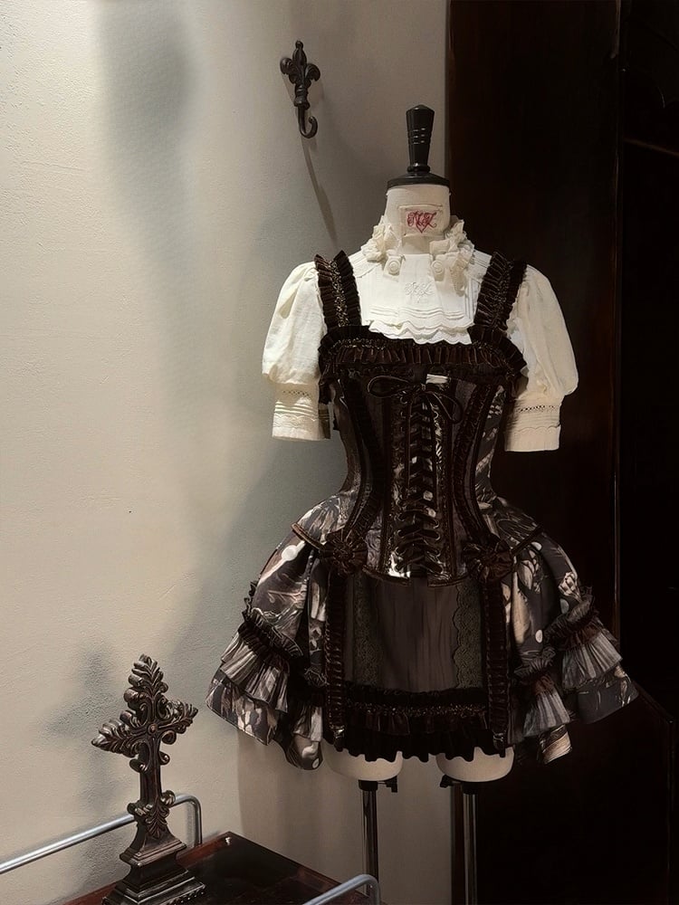 Pearl Boned Brown Gothic Shell Print with Short Ruffles Corset Lolita Dress and