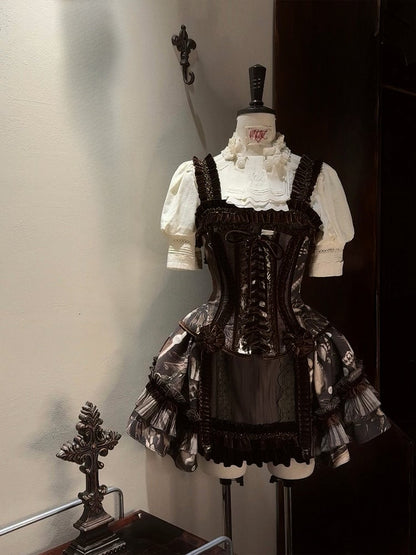 Pearl Boned Brown Gothic Shell Print with Short Ruffles Corset Lolita Dress and